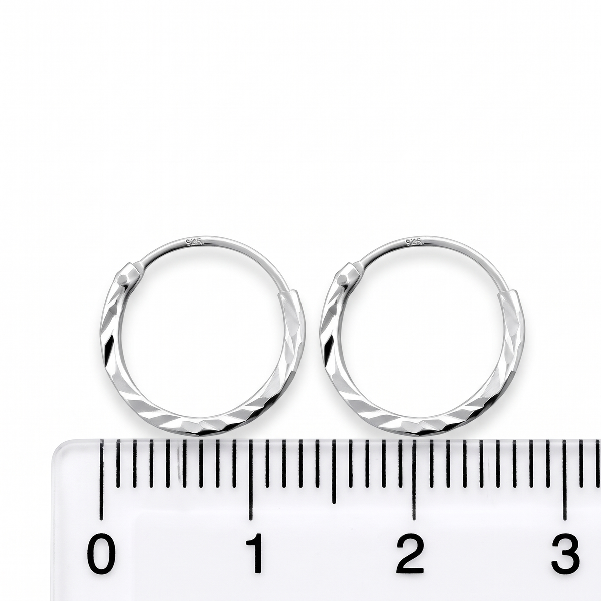 12mm sterling silver diamond cut hoop earrings showing dimensions