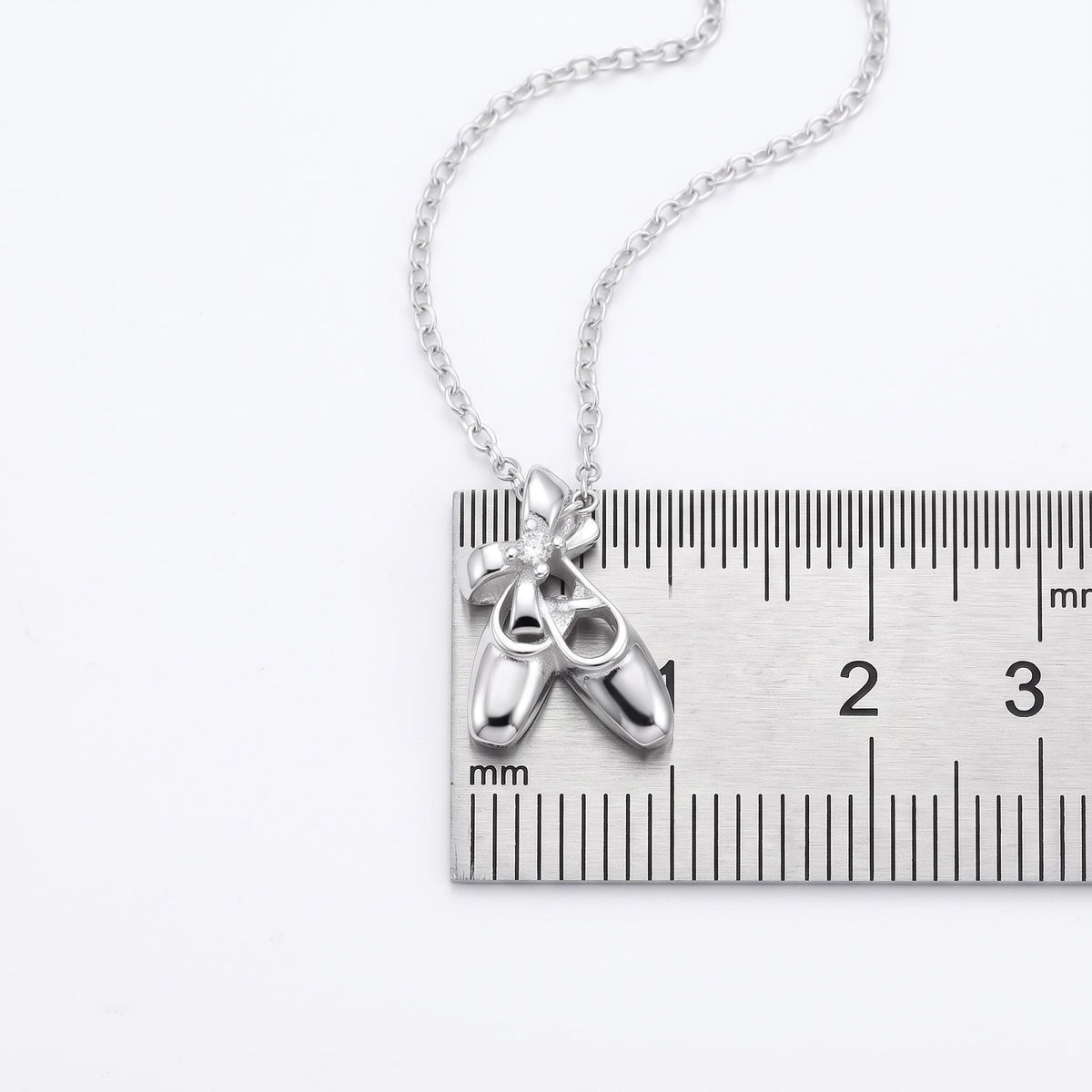 Girls 925 sterling silver ballet shoes charm necklace with Cubic Zirconia showing dimensions