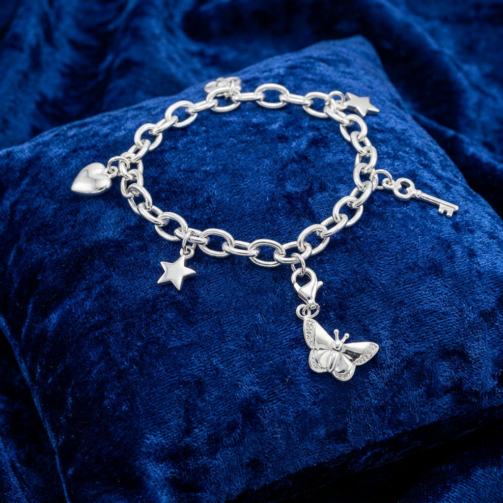 Sterling silver butterfly clip-on charm styled on a charm bracelet with heart, star and key charms