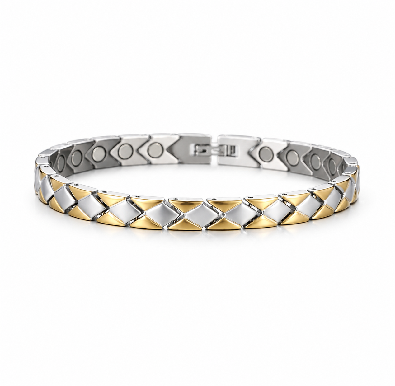 A two-tone magnetic therapy link bracelet featuring a silver and gold geometric diamond pattern, displayed on a clean white background.