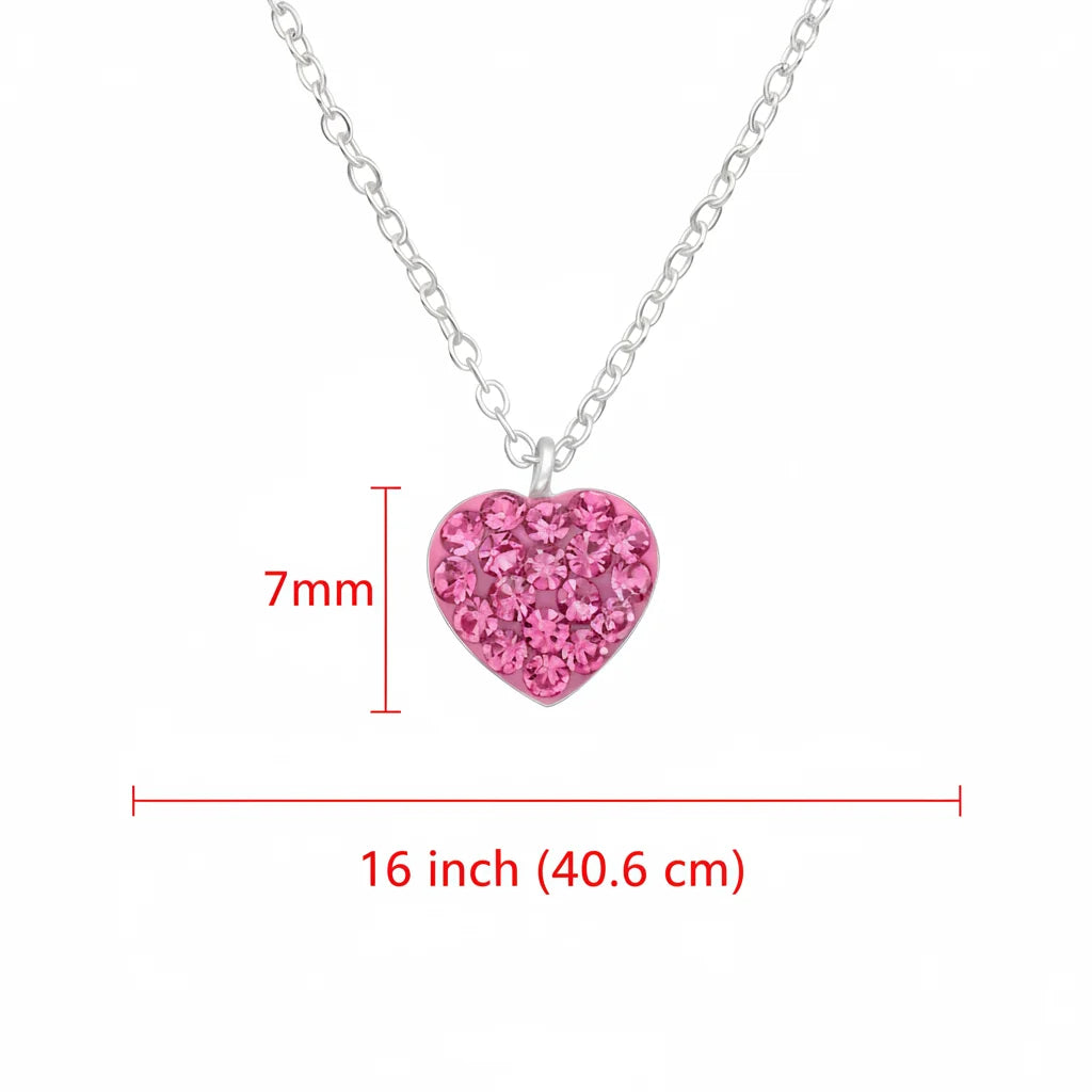 Girls sterling silver rose pink crystal heart necklace dimensions – 7mm pendant on a 16 inch (40.6cm) chain