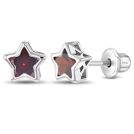 Sterling Silver Girls January Star Birthstone Screw Back Earrings