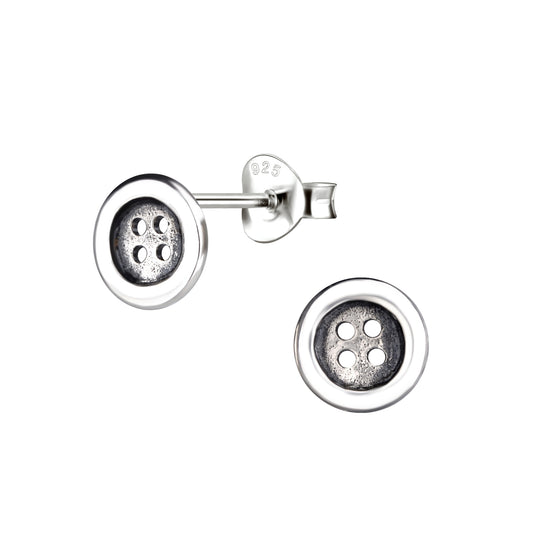 Sterling Silver Oxidized Button Stud Earrings