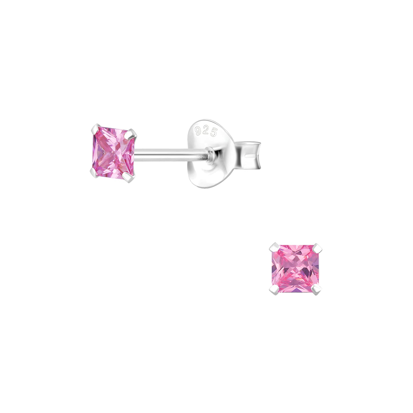 Sterling Silver 3mm square Pink Crystal Baby Earrings