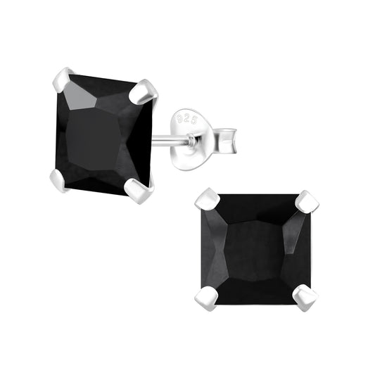 Sterling Silver 8mm Black CZ Square Stud Earrings
