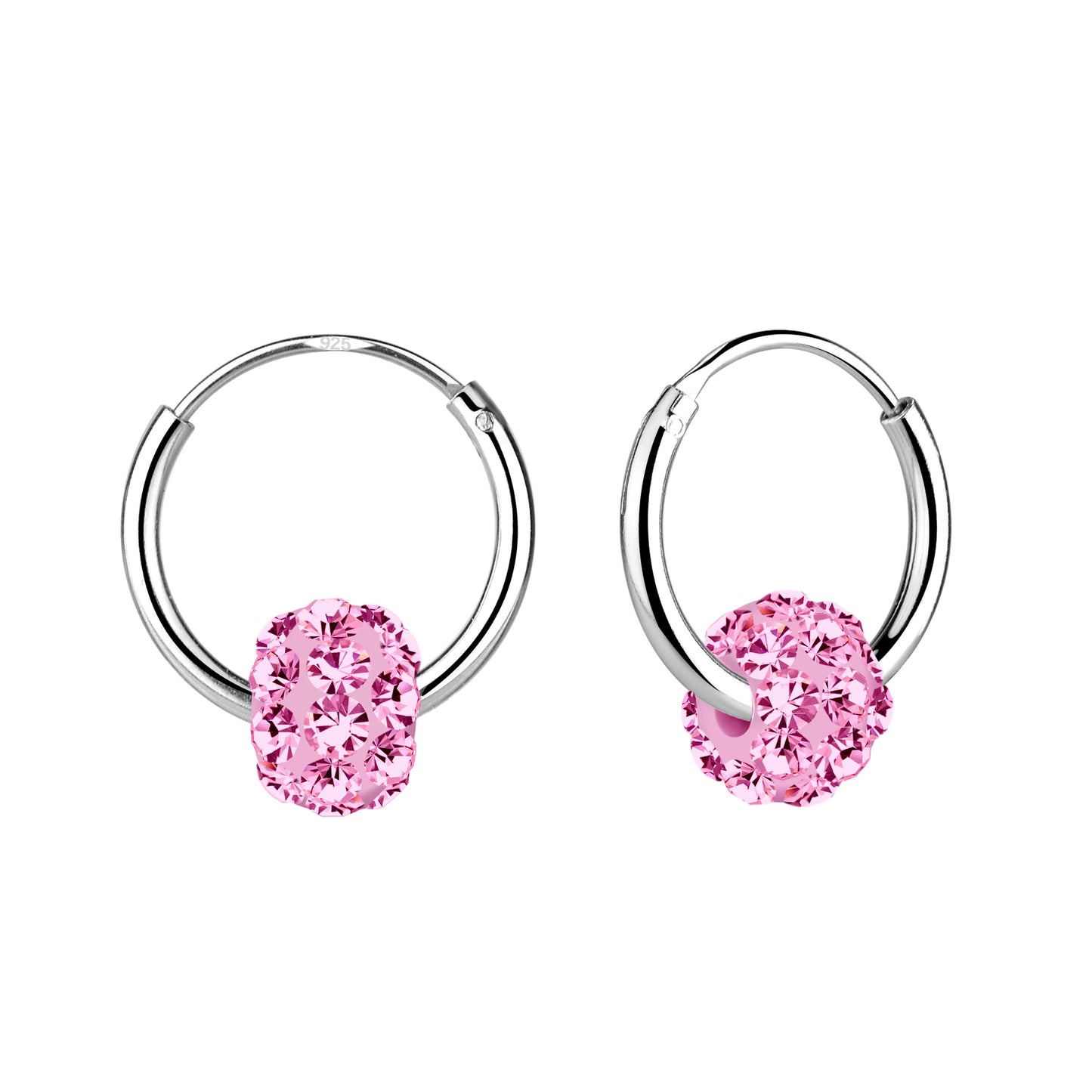 Girls Sterling Silver Pink Crystal Ball Charm Hoop Earrings