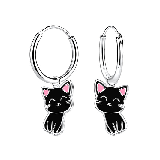 Children's Sterling Silver Black Cat Charm Hoop Earrings