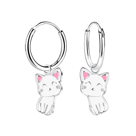 Children's Sterling Silver White Cat Charm Hoop Earrings