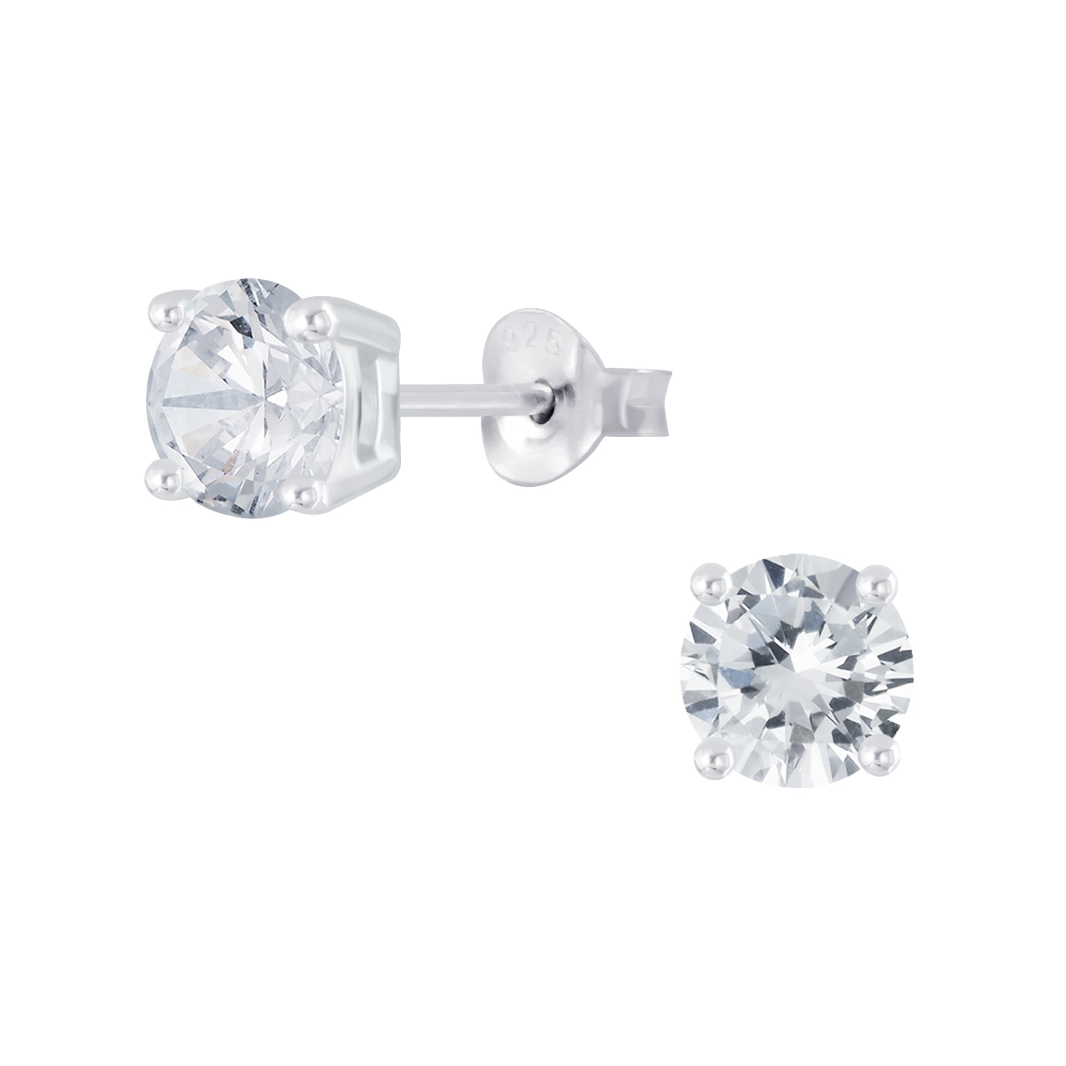 Silver stud earrings featuring round clear cubic zirconia stones.
