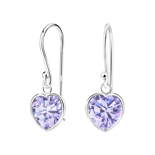 Sterling Silver 8mm Lavender CZ Heart Drop Earrings