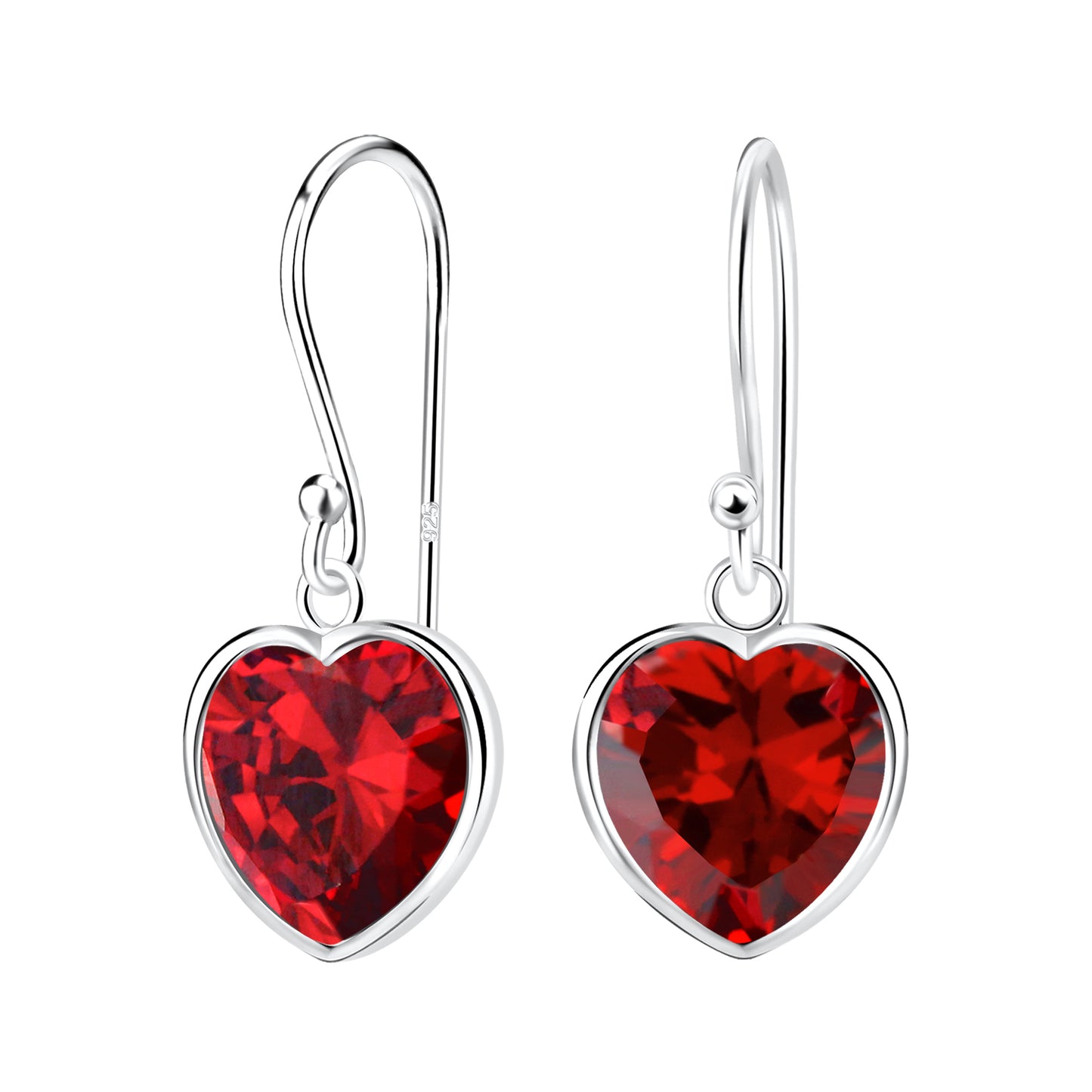 Sterling Silver 10mm Garnet CZ Heart Drop Earrings