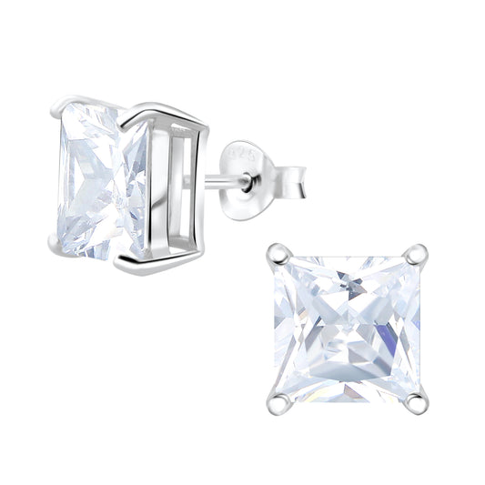 Sterling Silver 8mm Clear Square Stud Earrings