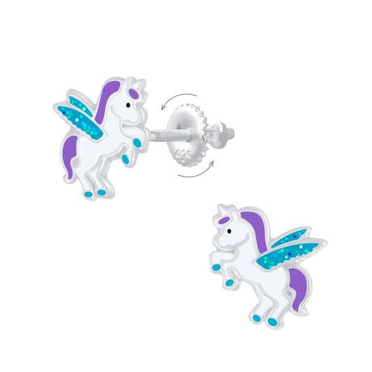 Children's Sterling Silver Winged Unicorn Screw Back Earrings