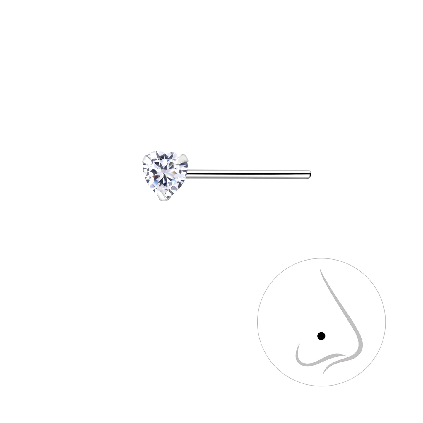 Sterling Silver Straight Nose Stud 3mm CZ Heart - Choose your colour