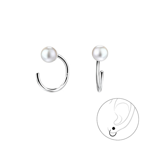 Sterling Silver Pull-Through Pearl Hoop Earrings