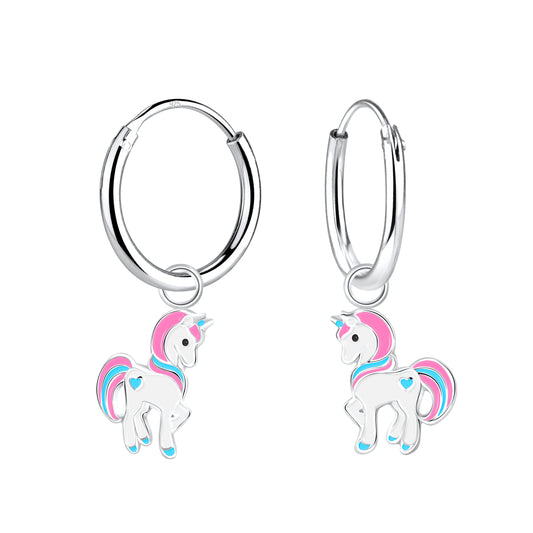 Sterling Silver Unicorn Dangle Girls Hoop Earrings