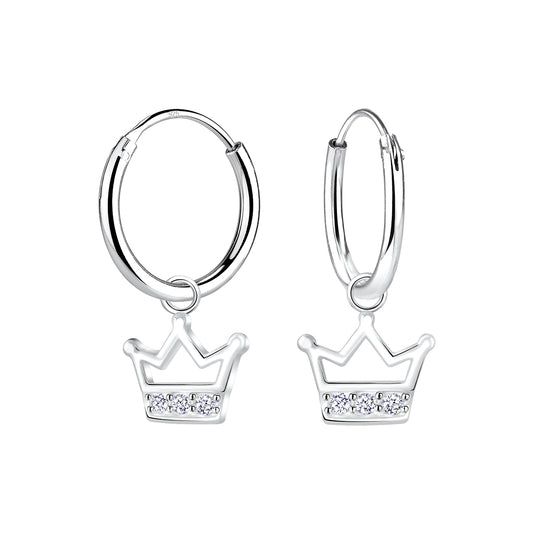 Sterling Silver Princess Crown Dangle Girls Hoop Earrings