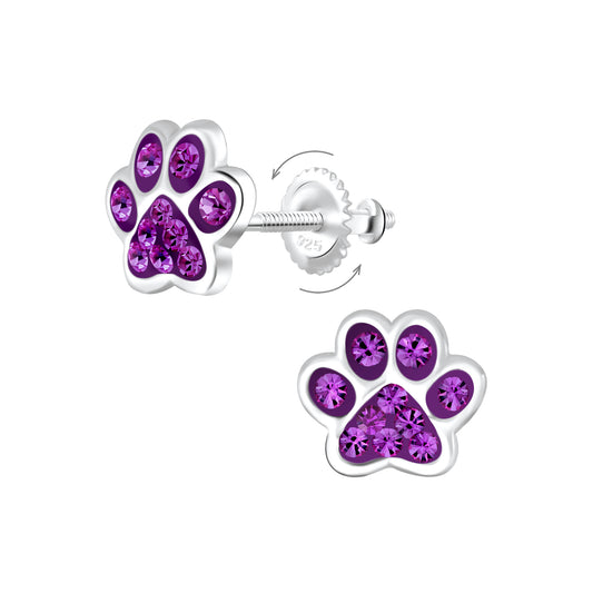 Childrens Sterling Silver Amethyst Dog Paw Screw Back Earrings