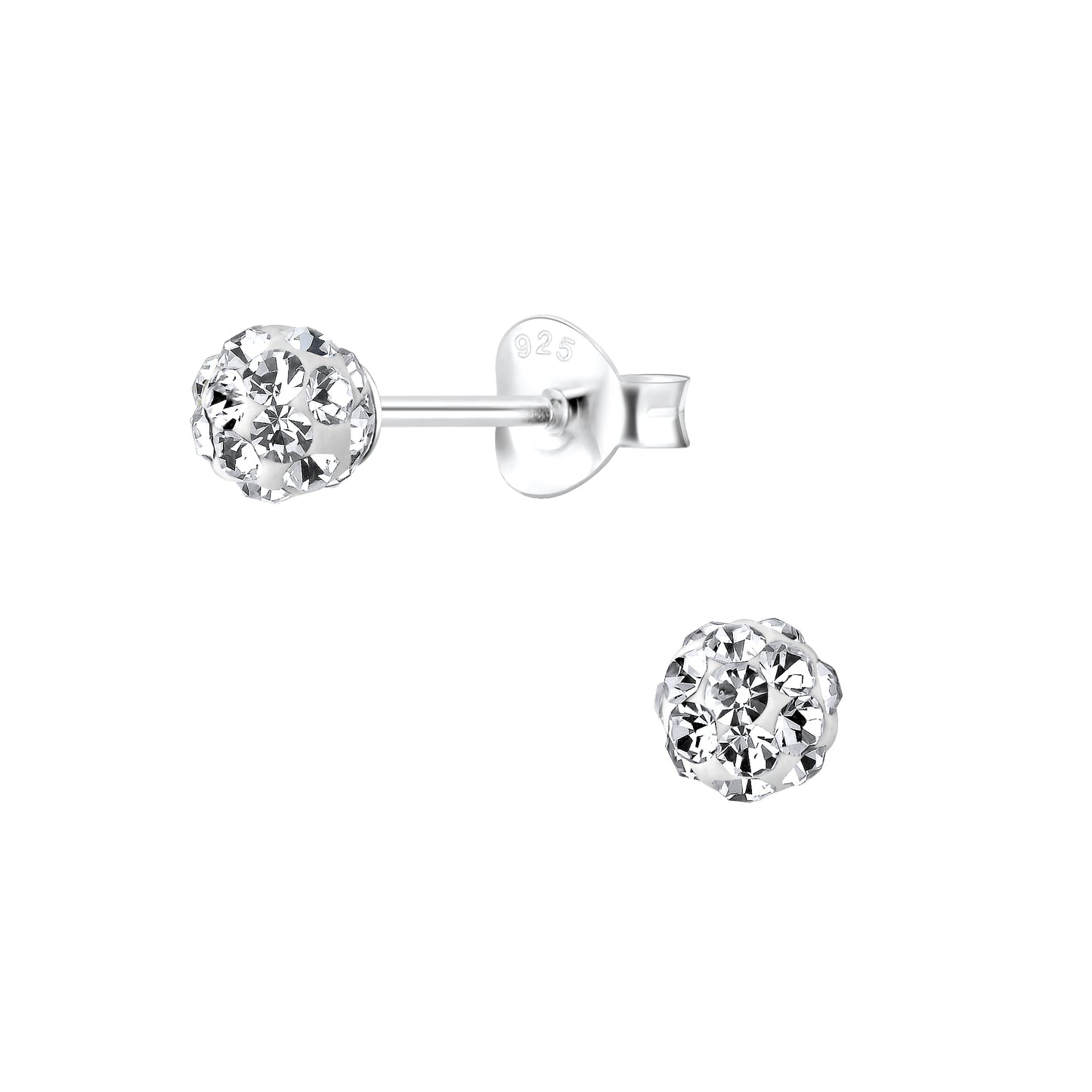 Sterling Silver Girls Clear Crystal Ball Stud Earrings