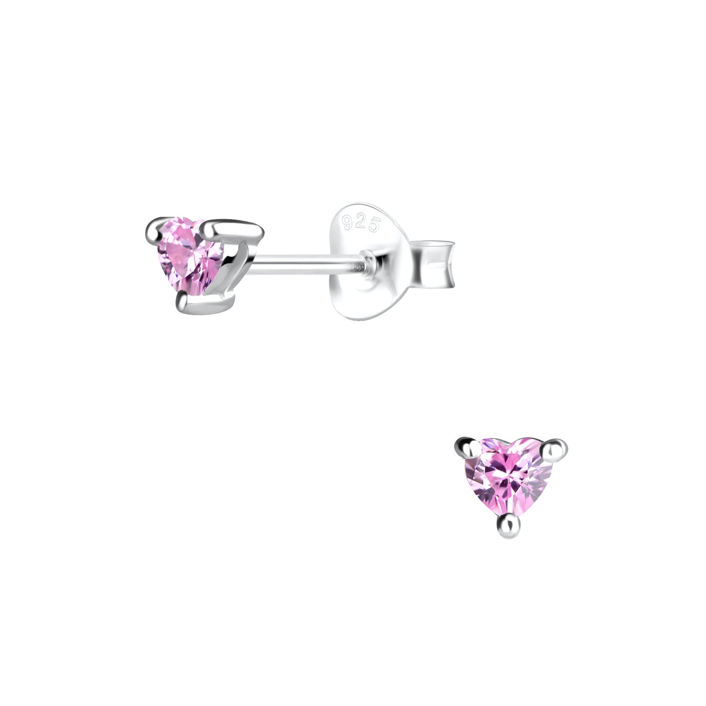 Sterling Silver Tiny 3mm Pink Heart Stud Earrings