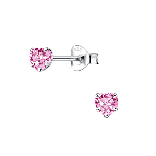 Sterling Silver 4mm CZ Pink Heart Stud Earrings