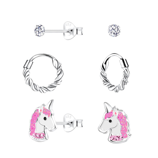 Children's Sterling Silver Unicorn, Hoop & Crystal Stud Earrings Set of 3