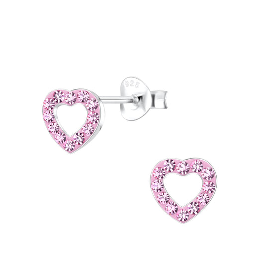 Sterling Silver Pink Crystal Open Heart Girls Earrings