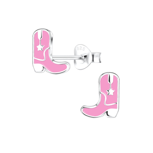 Childrens Sterling Silver Pink Cowboy Boots Stud Earrings
