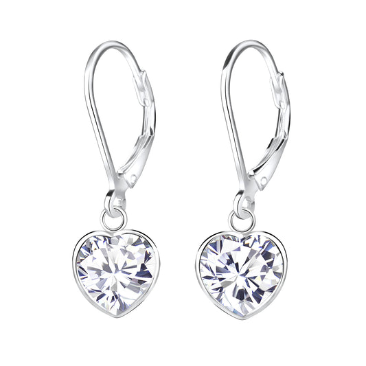 Girl's Sterling Silver CZ Heart Leverback Earrings