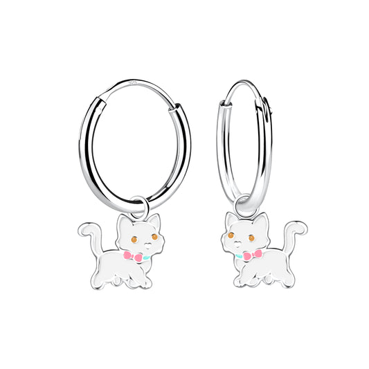 Children's Sterling Silver Cat Charm Hoop Earrings