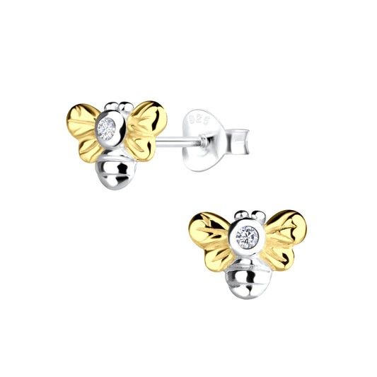 Girls Sterling Silver CZ Bee Stud Earrings
