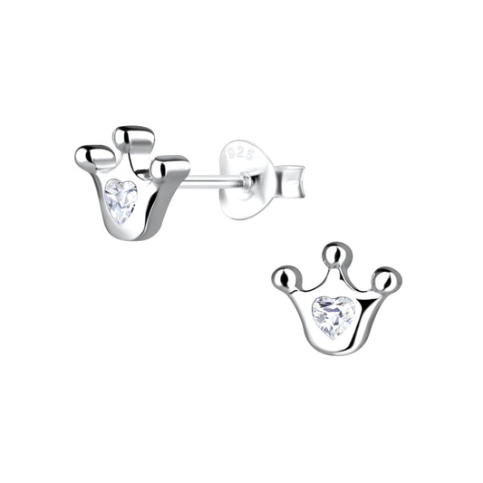 Sterling Silver Girls Princess Crown Stud Earrings