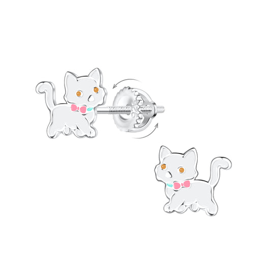 Children's Sterling Silver White Cat Screw Back Earrings