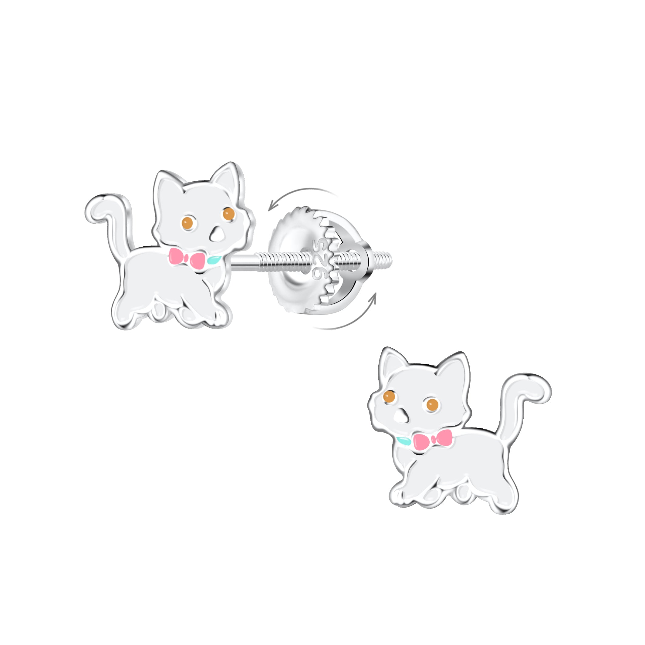 Children's Sterling Silver White Cat Screw Back Earrings - Melchior Jewellery 