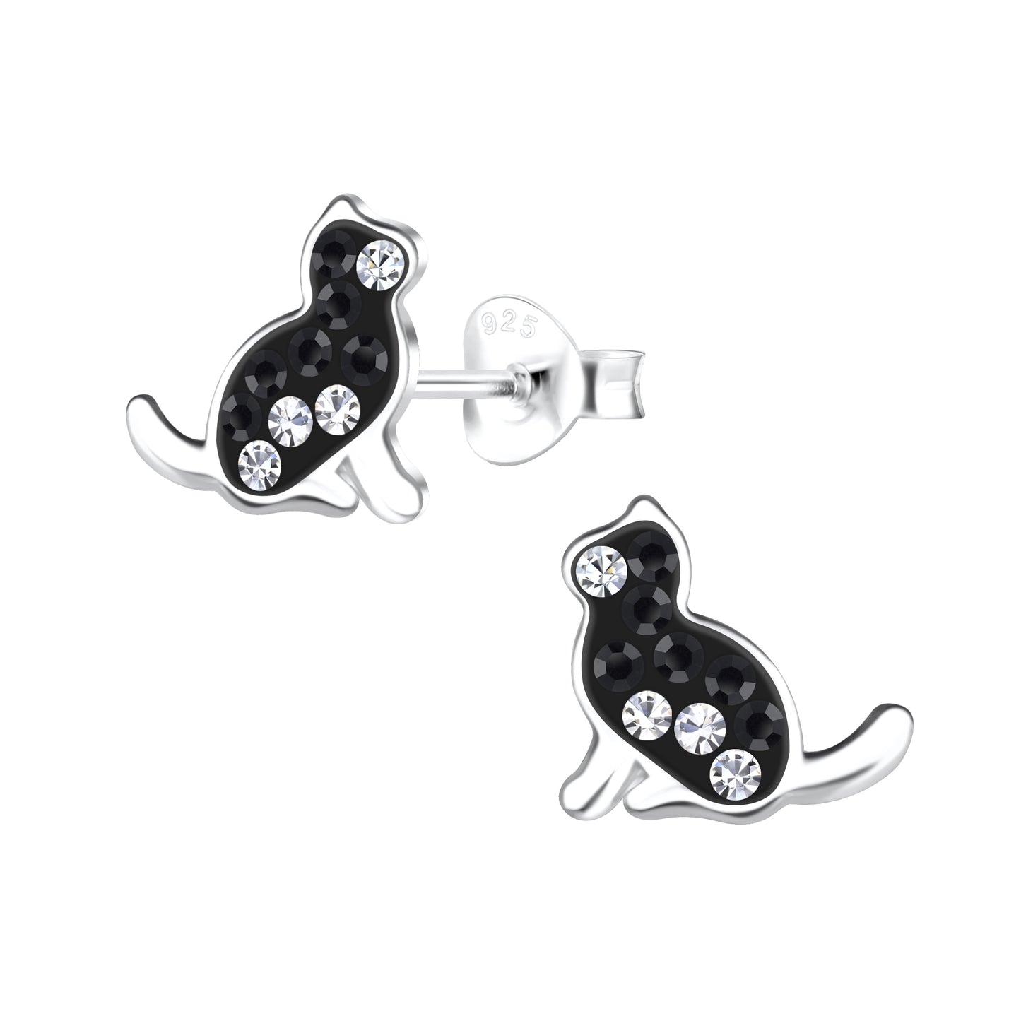 Children's Sterling Silver Black Crystal Cat Stud Earrings