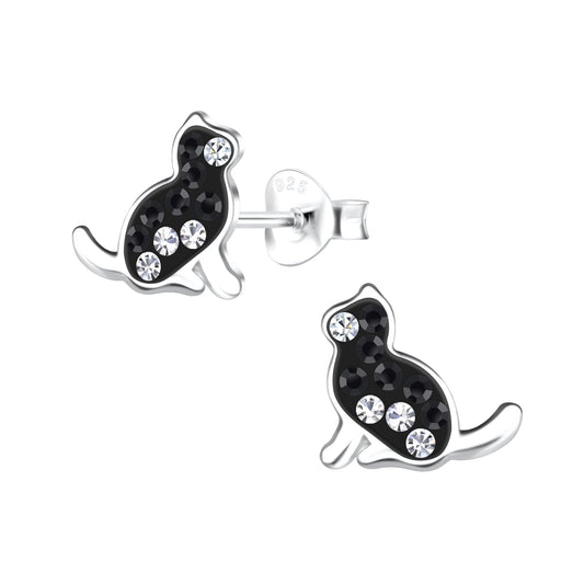 Children's Sterling Silver Black Crystal Cat Stud Earrings