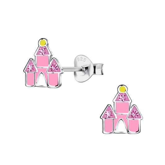 Sterling Silver Girls Pink Princess Castle Stud Earrings