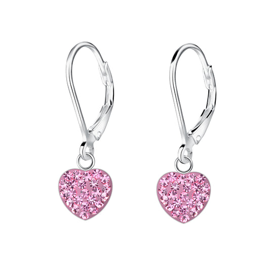 Children's Sterling Silver Pink Crystal Heart Leverback Earrings