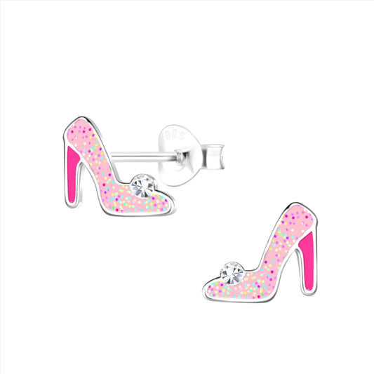 Sterling Silver Girls Pink Princess Shoes Stud Earrings