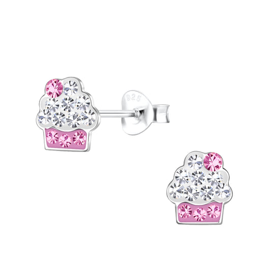 Girls Sterling Silver Crystal Cupcake Kids Earrings