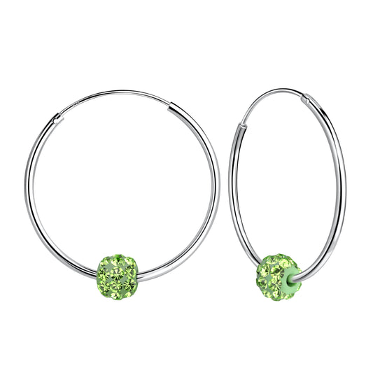 Sterling Silver Peridot Crystal Ball Charm Hoop Earrings