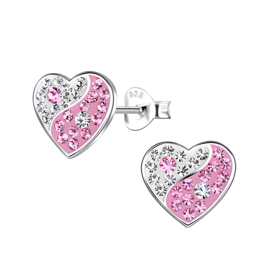 Children's Sterling Silver Pink Crystal Heart Stud Earrings