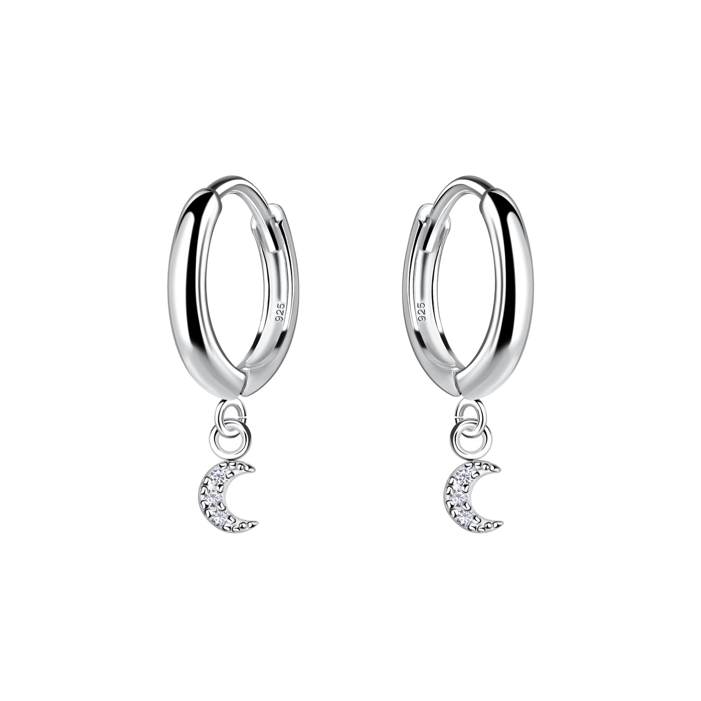 Sterling Silver CZ Moon Charm Hoop Earrings
