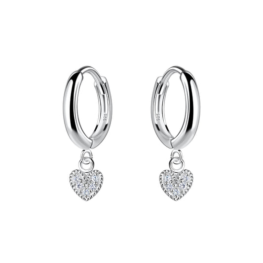 Sterling Silver CZ Heart Charm Hoop Earrings
