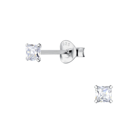 Sterling Silver Tiny CZ 3mm Square Stud Earrings