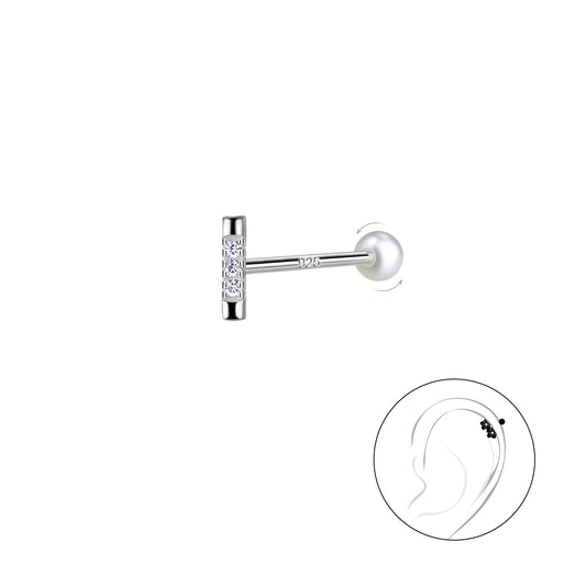 Sterling Silver CZ Bar Cartilage Stud with Silver Ball Screw Back