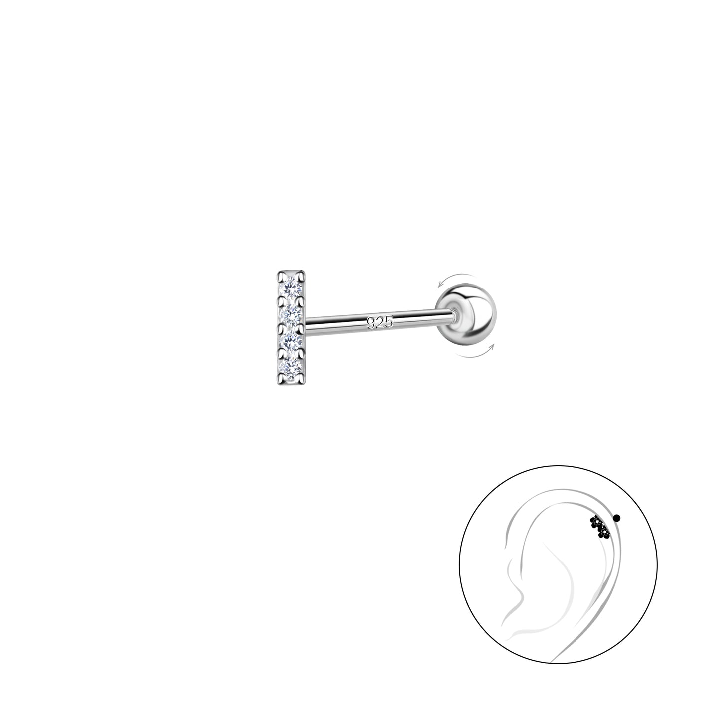 Sterling Silver CZ Bar Cartilage Stud Ball Screw Back