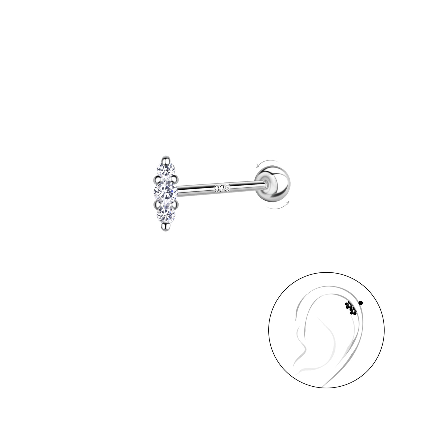 Sterling Silver Marquise Cartilage Stud Ball Screw Back