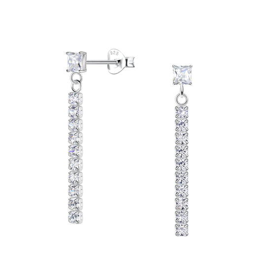 Sterling Silver Square Stud Earrings with Hanging Tennis Chain