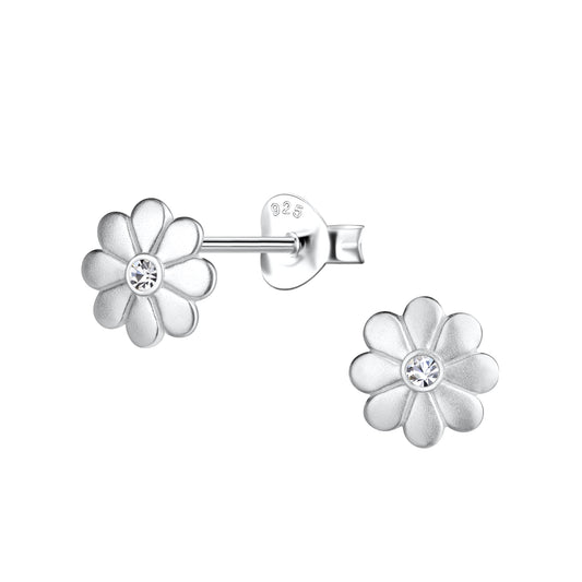 Sterling Silver Girls 7mm CZ Flower Stud Earrings